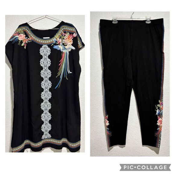 Time For Me Blouse Top Pants Set 2 Piece Outfit 2X Black Embroidered Lagenlook - Picture 1 of 14